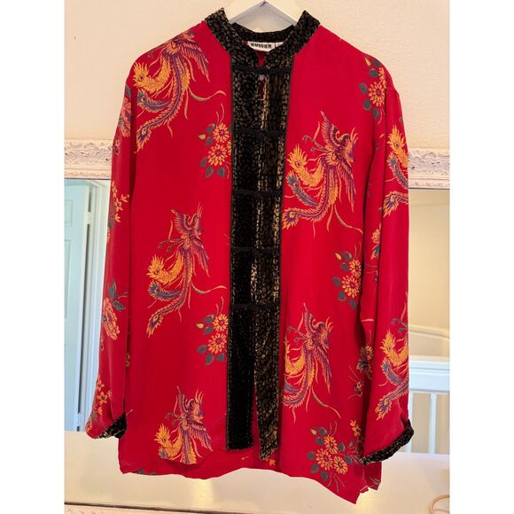 Chico’s Design Red Asian Inspired Silk Blend Tang Kimono Jacket Size 0 - Picture 1 of 7